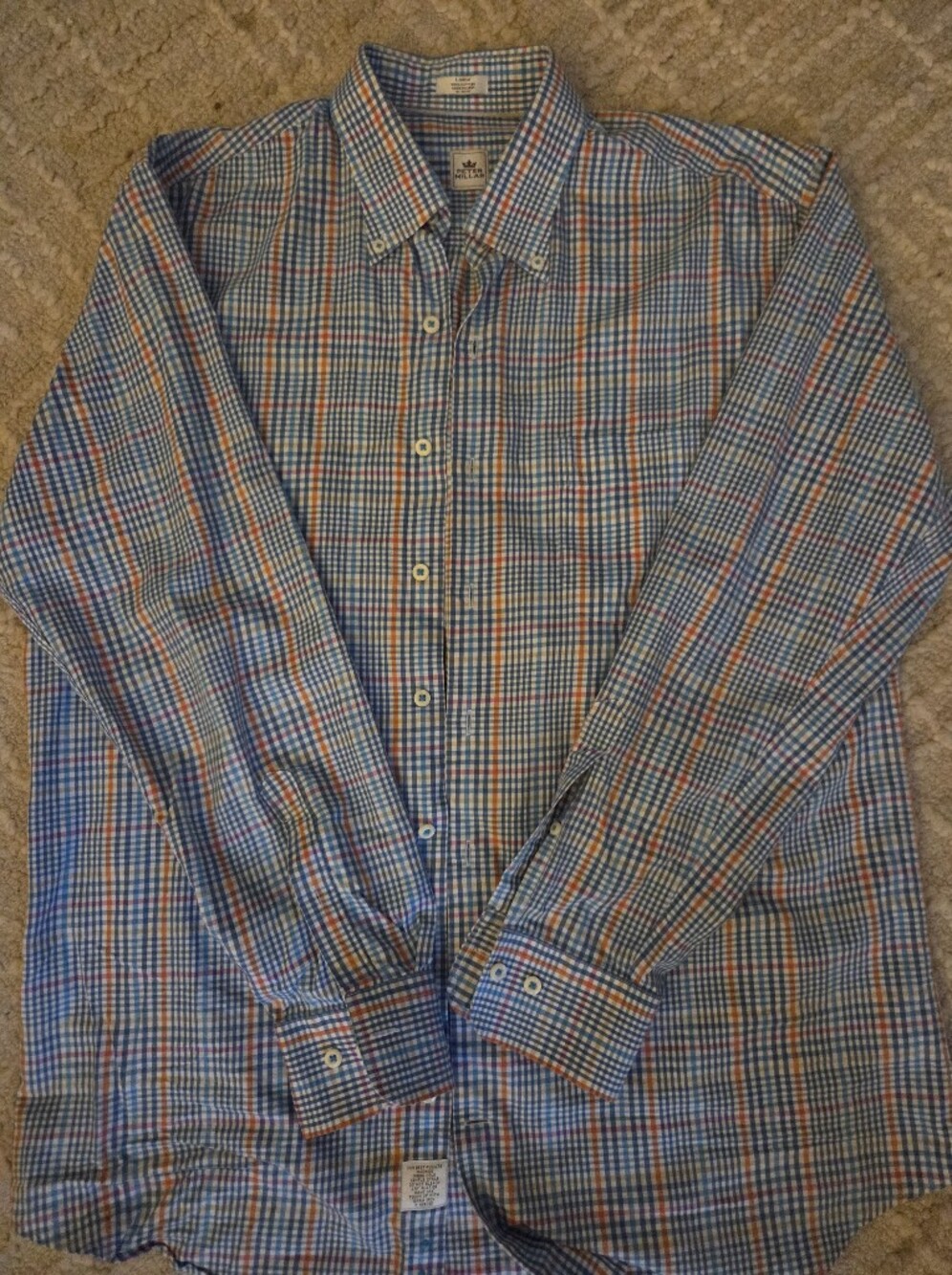 Peter Millar Men's Blue & Orange Multi-Check Long Sleeve Shirt - Size L